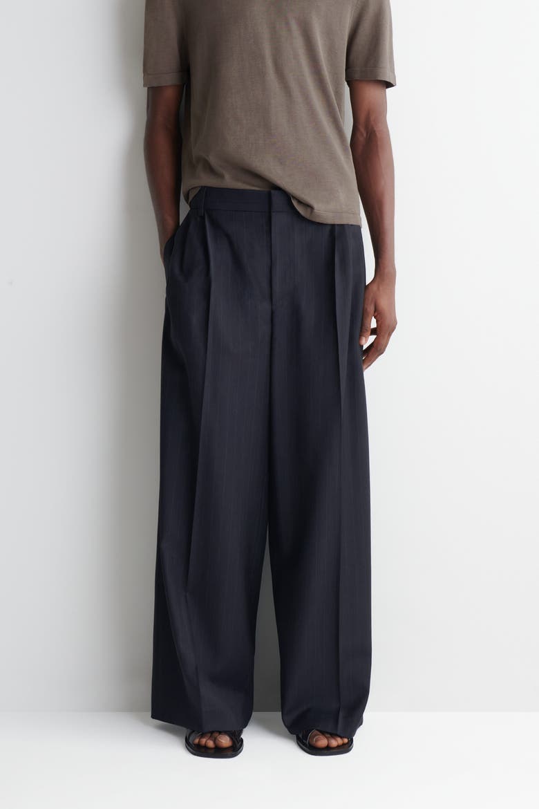 Pleated Relaxed-fit Wide-leg Pants, Alternate, color, NAVY / PINSTRIPED