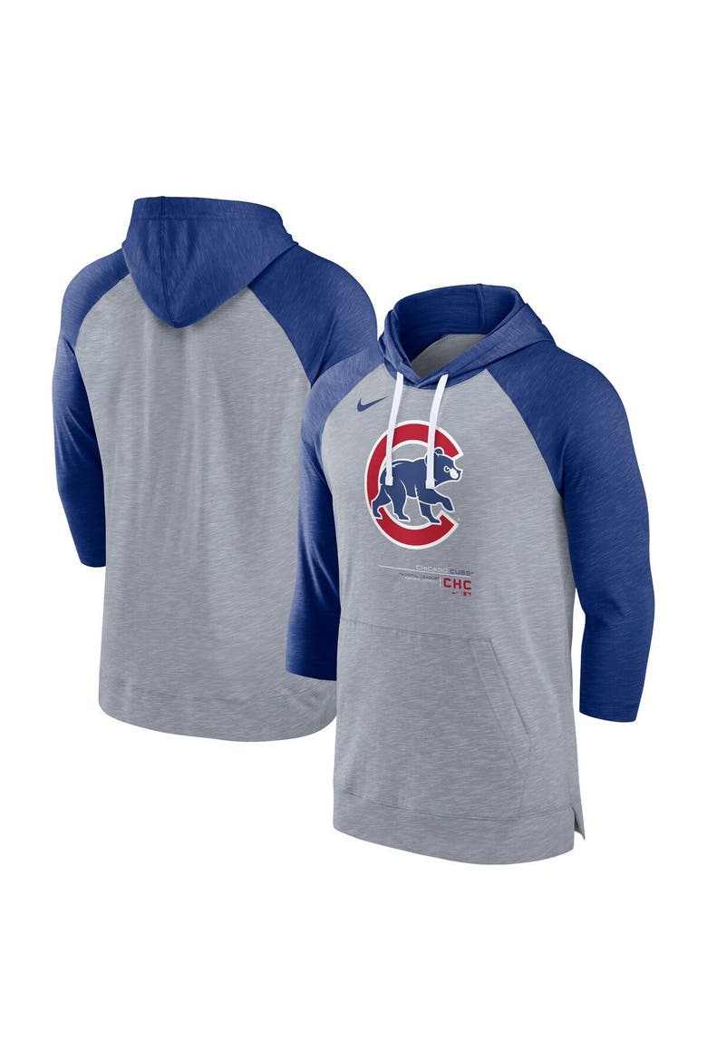 Men's Nike Heather Gray/Heather Royal Chicago Cubs Baseball Raglan 3/4-Sleeve Pullover Hoodie, Main, color, Heather Gray