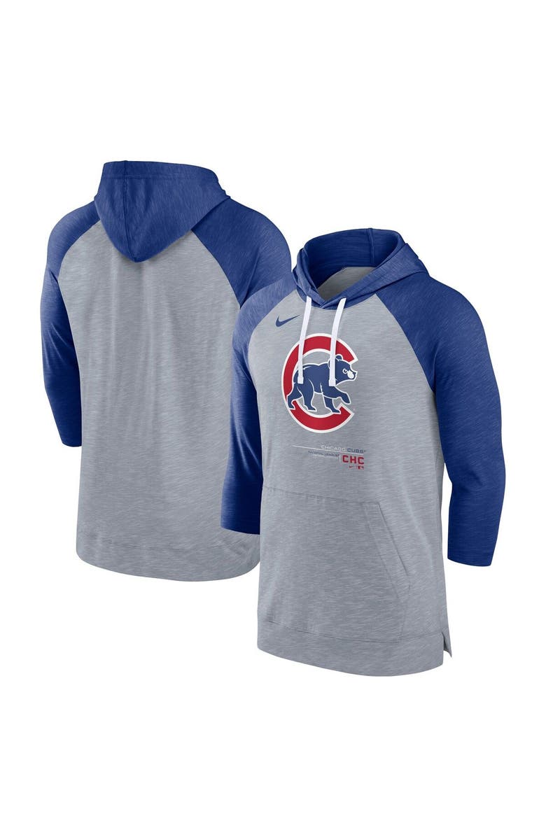 Nike Men's Nike Heather Gray/Heather Royal Chicago Cubs Baseball Raglan 3/4-Sleeve Pullover Hoodie, Main, color, 