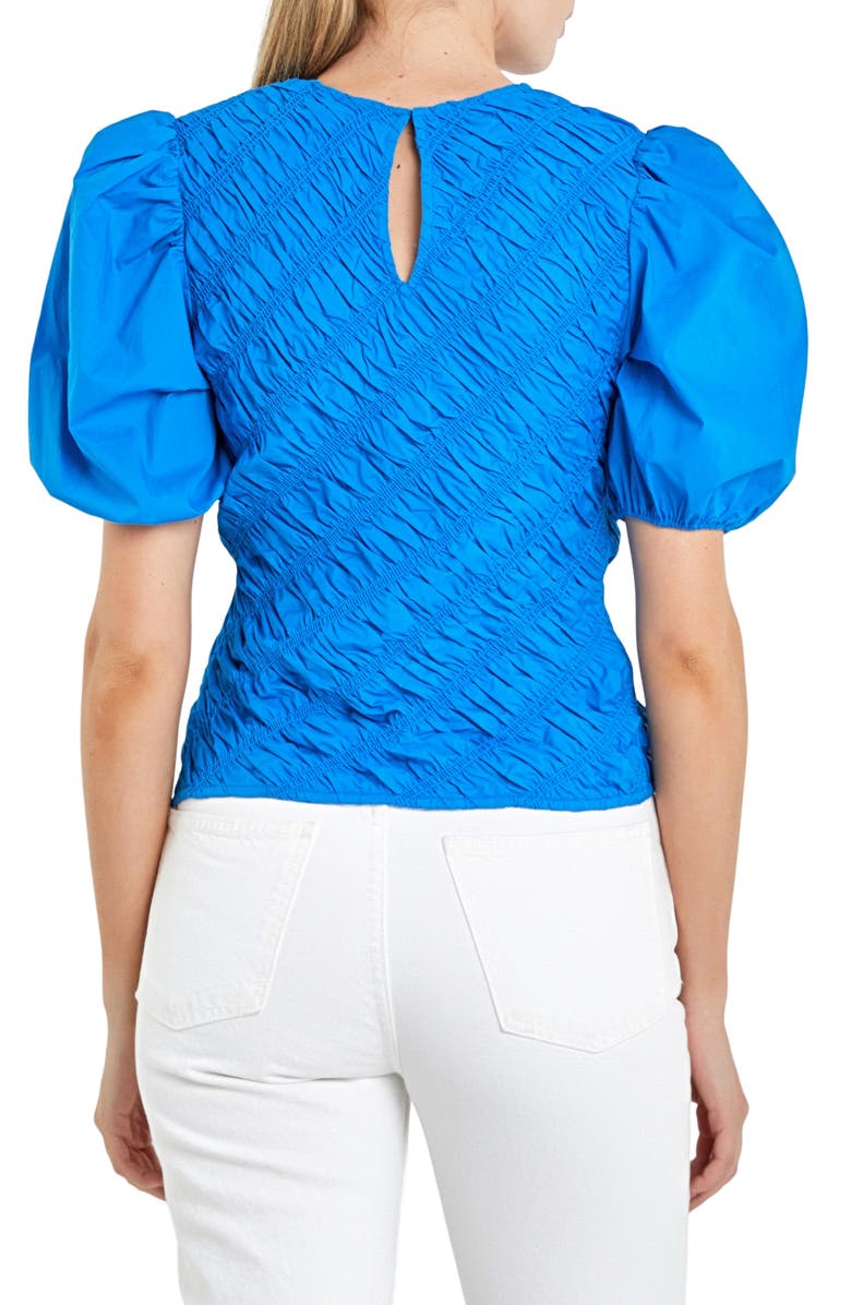 English Factory Asymmetric Shirred Puff Sleeve Top, Alternate, color, Sapphire Blue