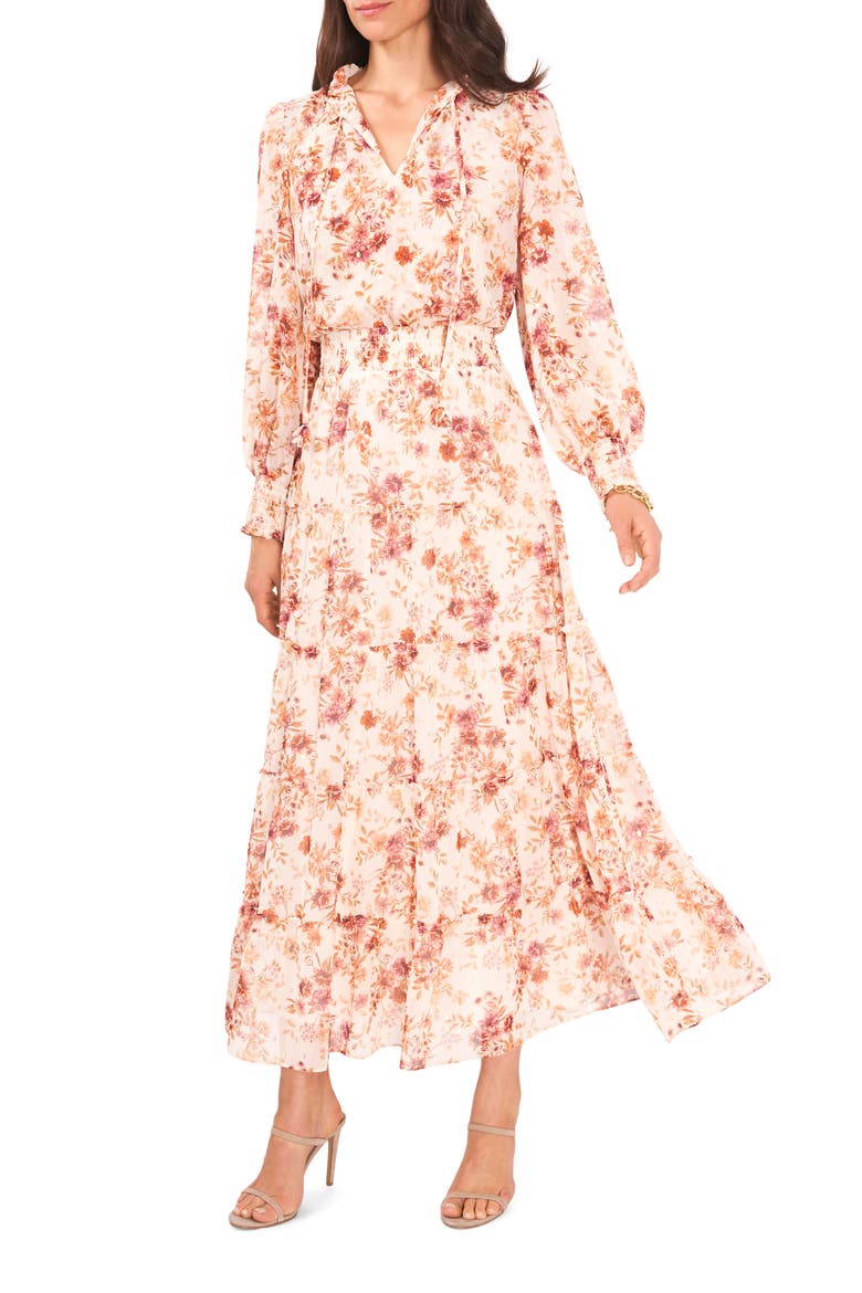 Smocked Long Sleeve Maxi Dress, Main, color, CREAM/ MULTI
