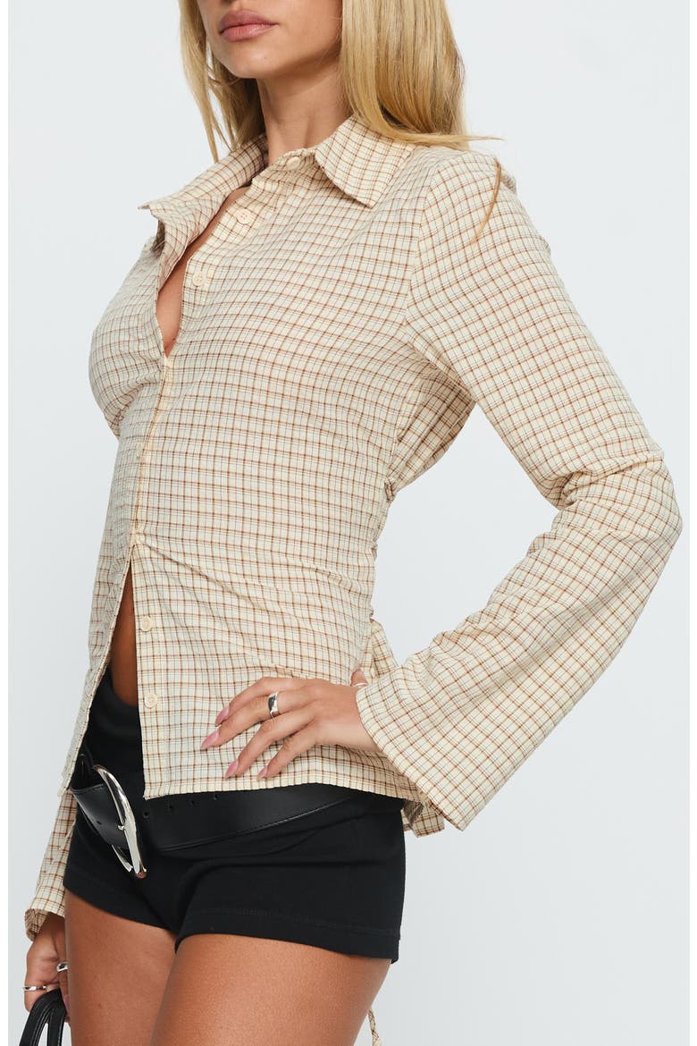 Eryx Check Tie Back Cotton Blend Button-Up Shirt, Alternate, color, APRICOT CHECK