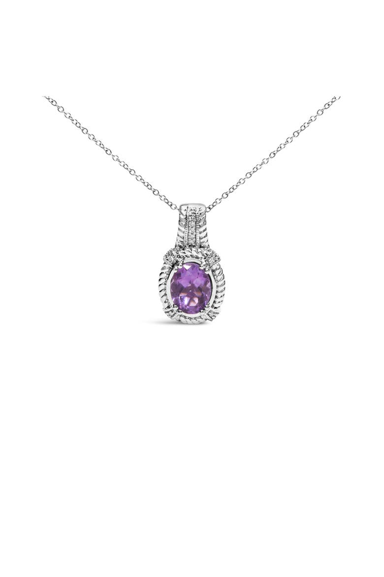 Silver 9x7mm Oval Purple Amethyst and Diamond Accent Fashion Drop Pendant Necklace, Main, color, White