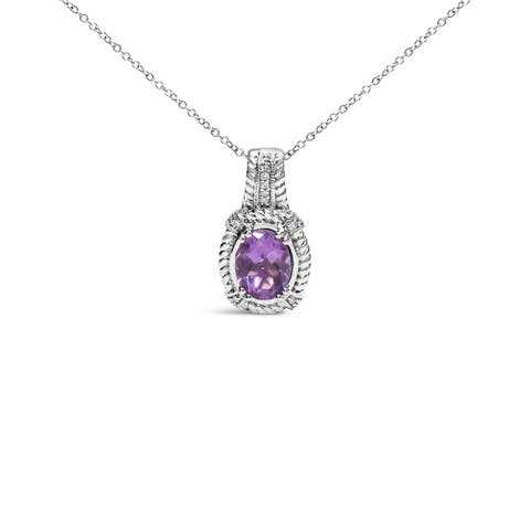 Silver 9x7mm Oval Purple Amethyst and Diamond Accent Fashion Drop Pendant Necklace