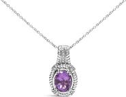 Haus of Brilliance Silver 9x7mm Oval Purple Amethyst and Diamond Accent Fashion Drop Pendant Necklace