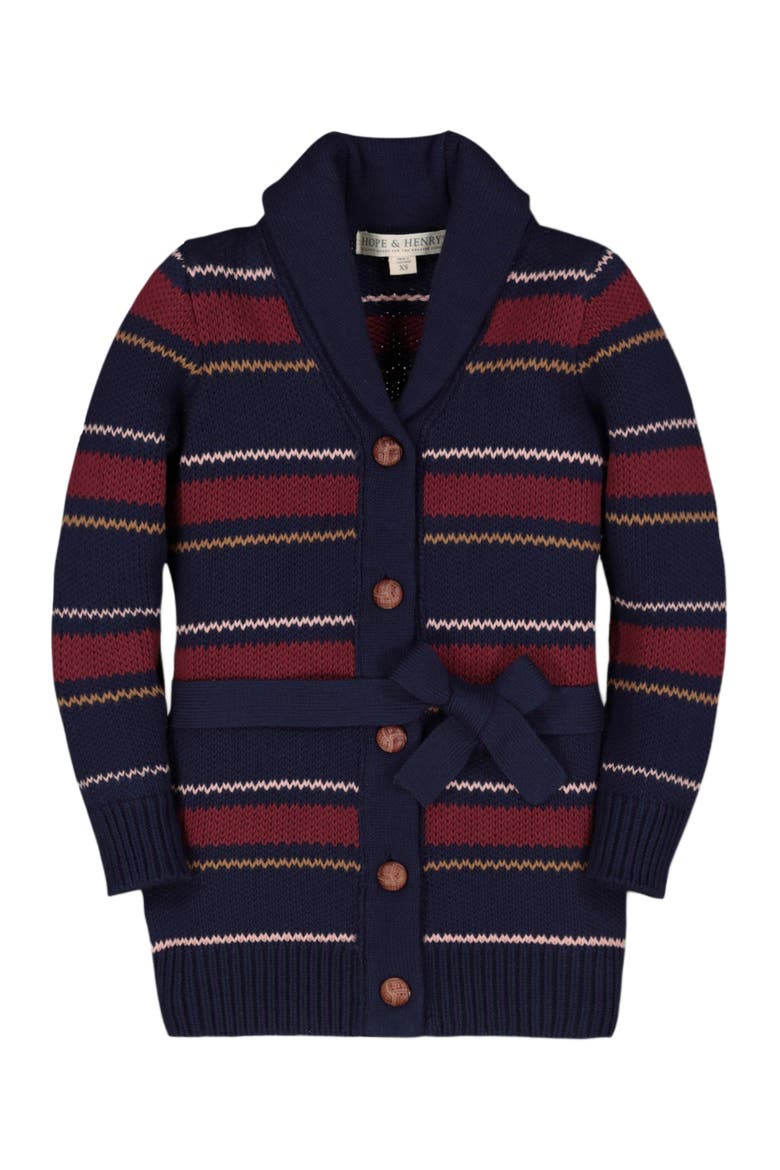 Baby Girls' Shawl Collar Cardigan with Waist Tie, Infant, Main, color, Navy and Berry Multi Stripe