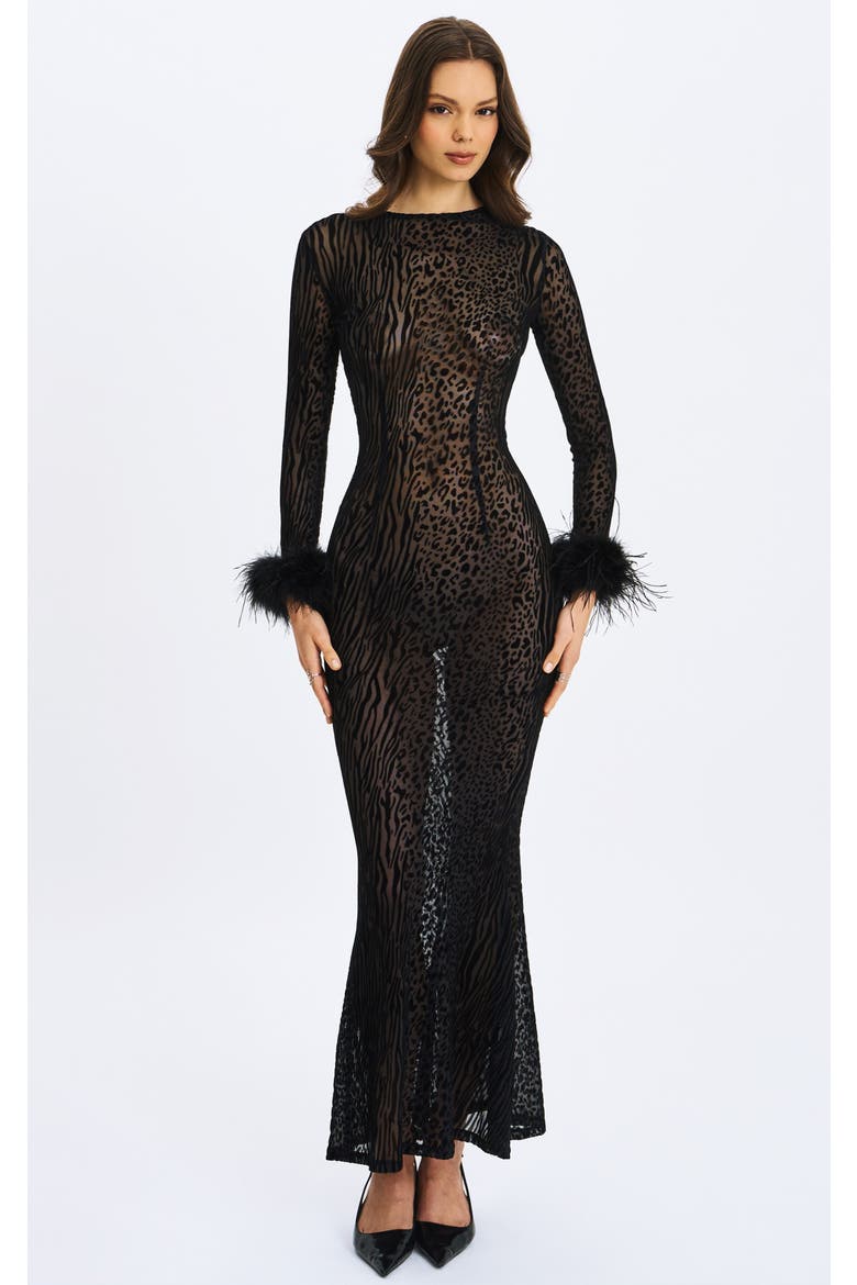 Patricia Faux Fur Sleeve Trim Velvet Mesh Maxi Dress, Main, color, Black