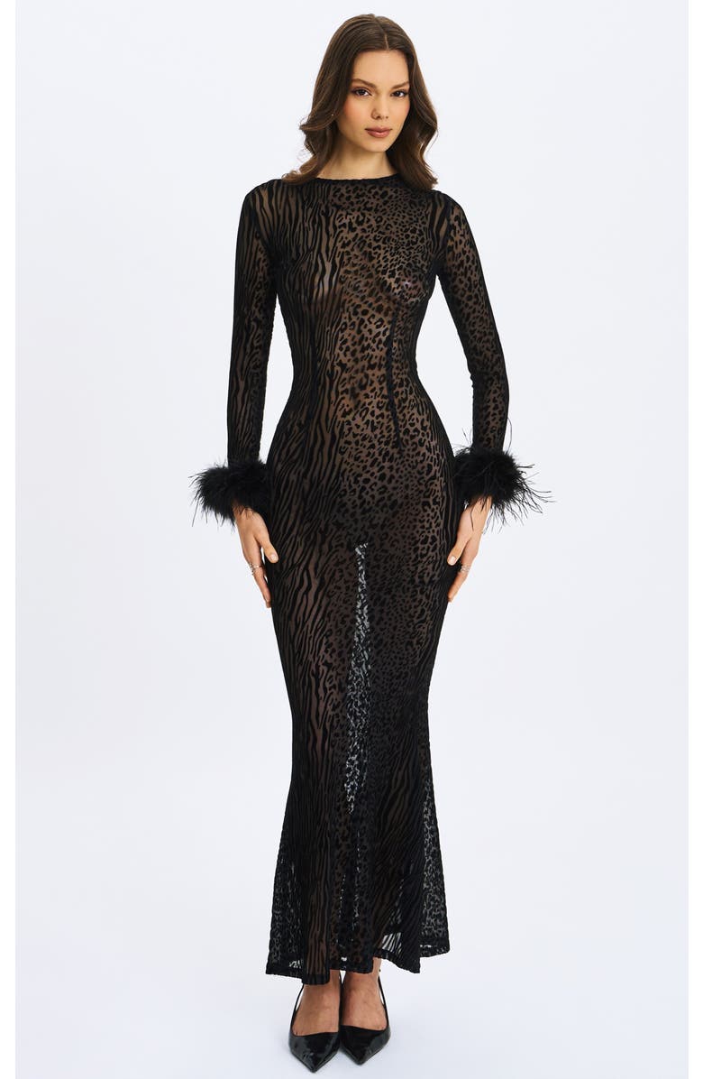 Miss Circle Patricia Faux Fur Sleeve Trim Velvet Mesh Maxi Dress, Main, color, Black