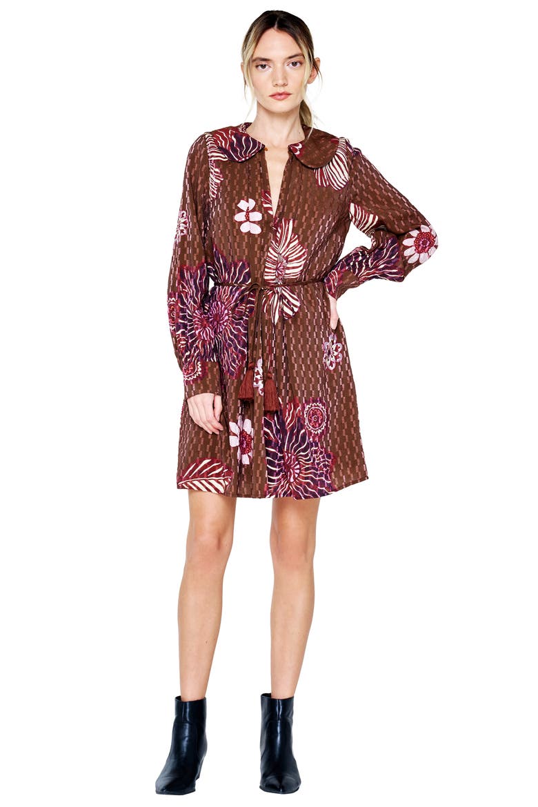 Willow Print Tie Waist Long Sleeve Dress, Alternate, color, BROWN MULTI