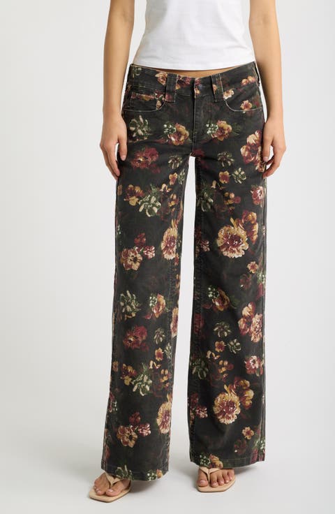 Floral Printed Low Rise Wide Leg Corduroy Pants
