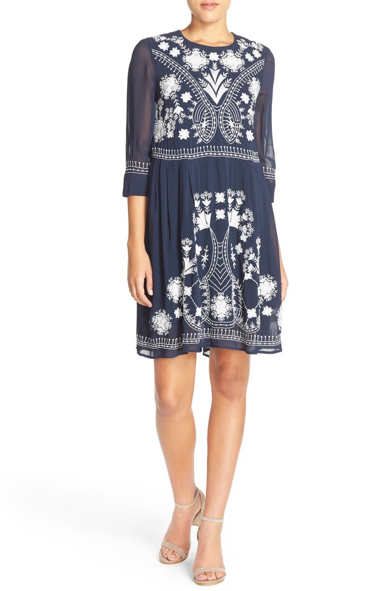 French Connection 'Kiko' Embroidered Crepe Babydoll Dress, Alternate, color, 