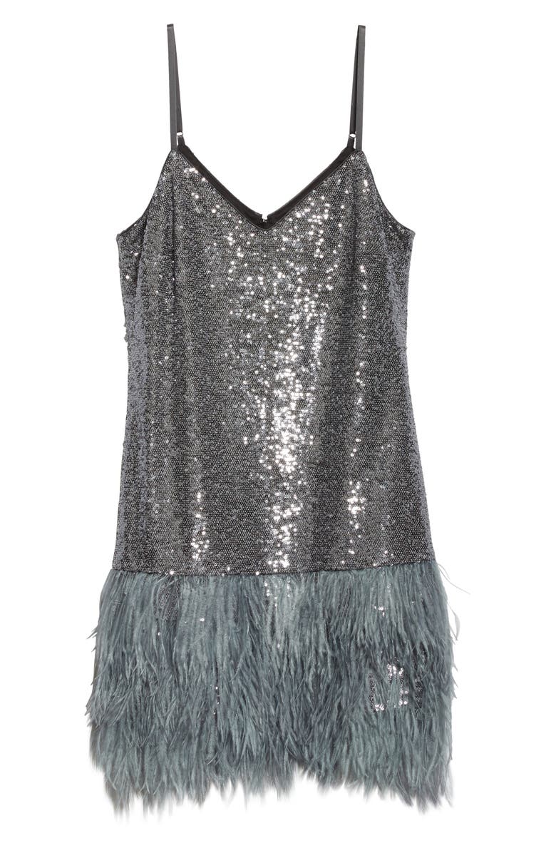 Cinq à Sept Athena Feather Hem Sequin Dress, Alternate, color, 
