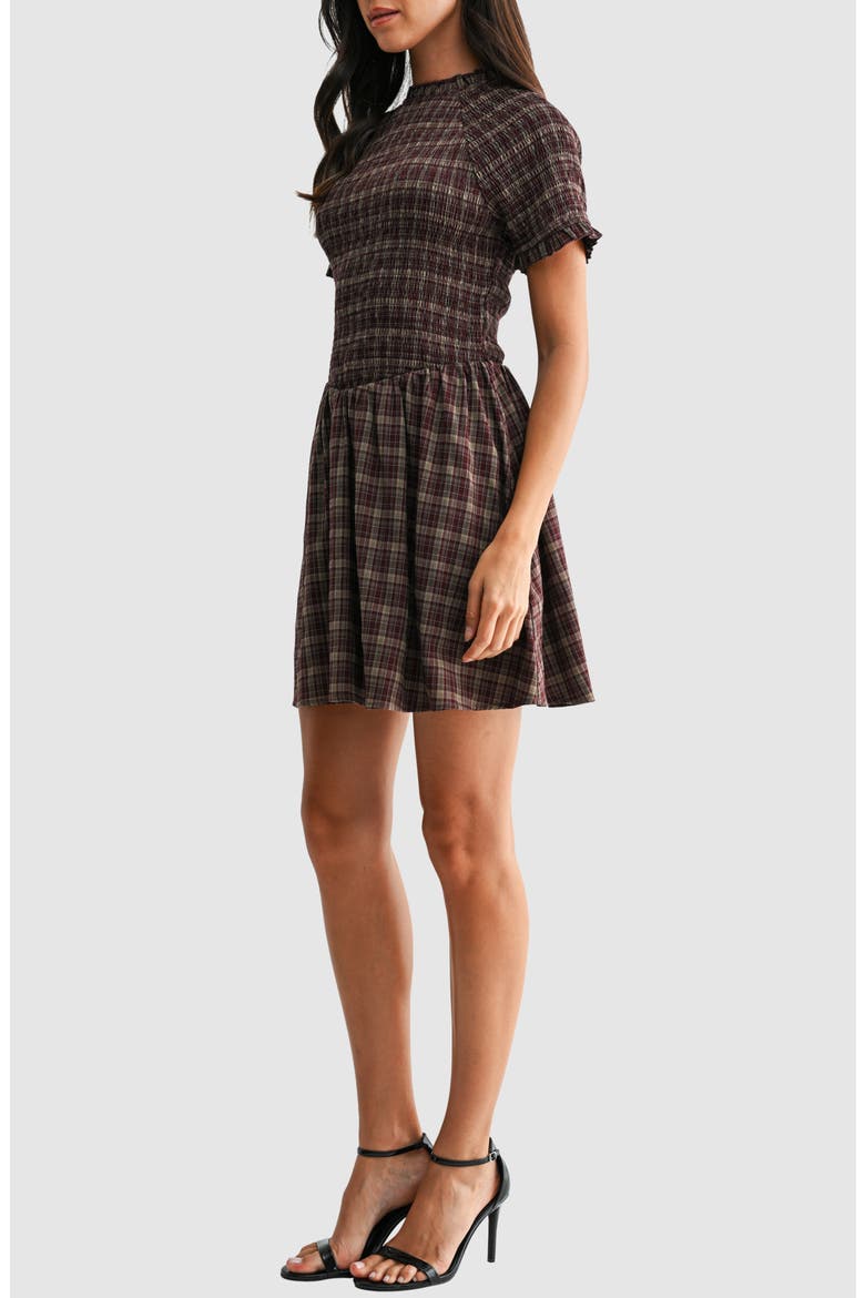 Smocked Fit & Flare Minidress, Alternate, color, TAUPE BURGUNDY PLAID