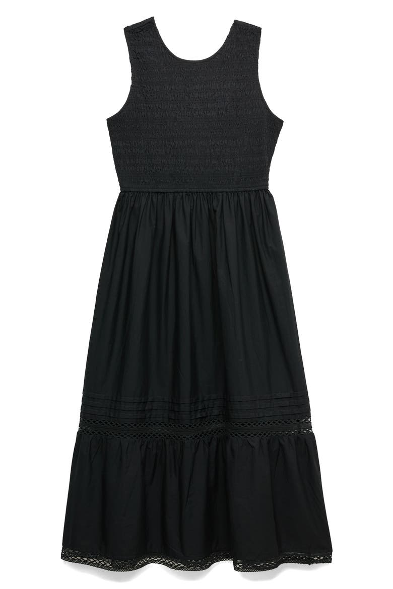 Smocked Lace Trim Sleeveless Cotton Maxi Dress, Alternate, color, BLACK