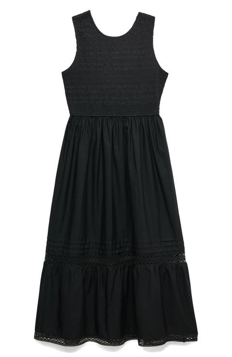 Smocked Lace Trim Sleeveless Cotton Maxi Dress