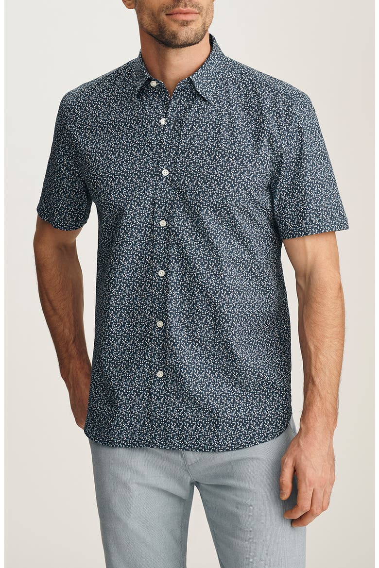 Floral Short Sleeve Stretch Luxe Twill Button-Up Shirt, Main, color, VINTAGE INDIGO