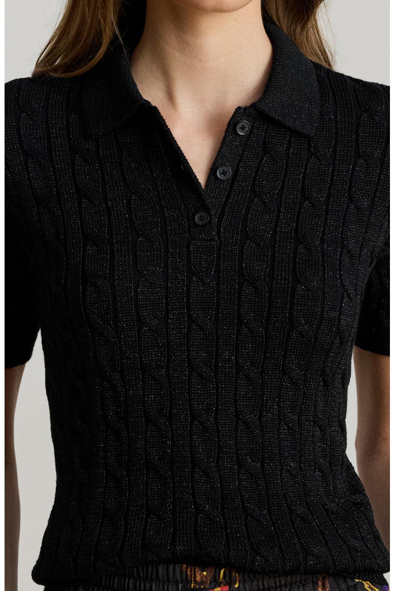 Metallic Cable Polo Sweater, Alternate, color, BLACK METALLIC