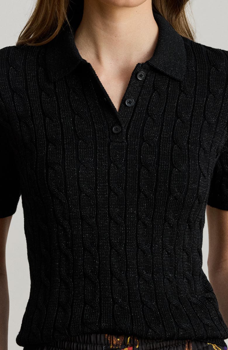 Lauren Ralph Lauren Metallic Cable Polo Sweater, Alternate, color, Black Metallic