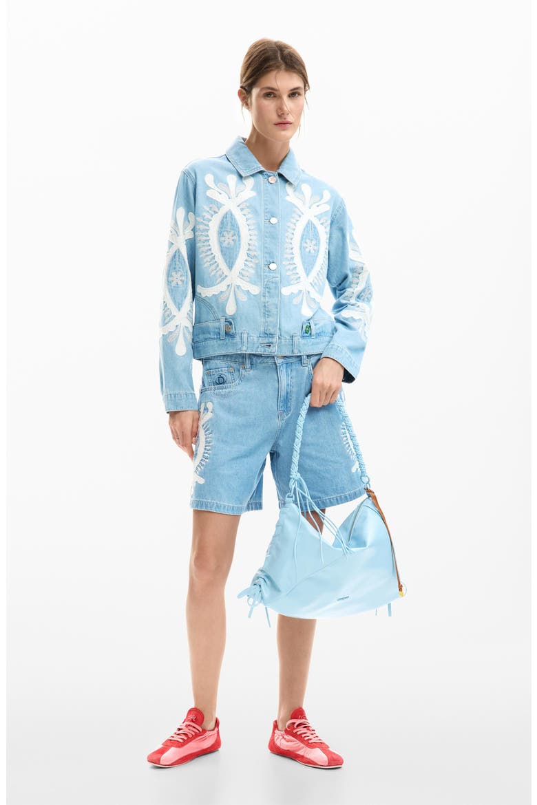 Beaded Lace Detail Denim Trucker Jacket, Alternate, color, MEDIUM BLUE
