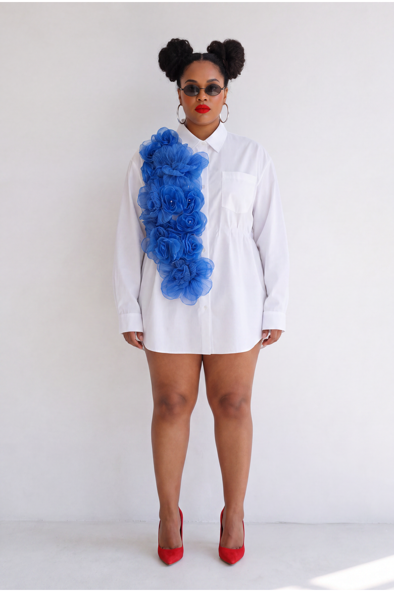 Flower Appliqué Dress Shirt, Alternate, color, White/ Blue
