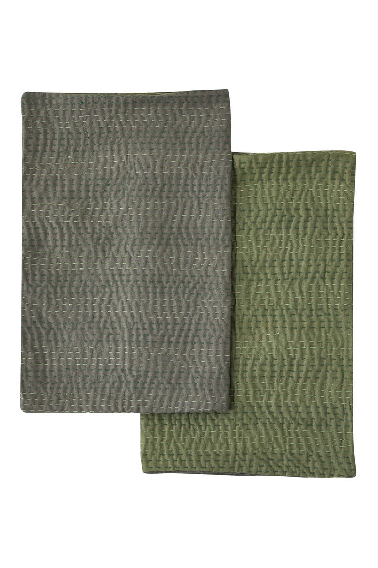 Kantha Set of 2 Reversible Cotton Shams, Alternate, color, FOREST AND OLIVE