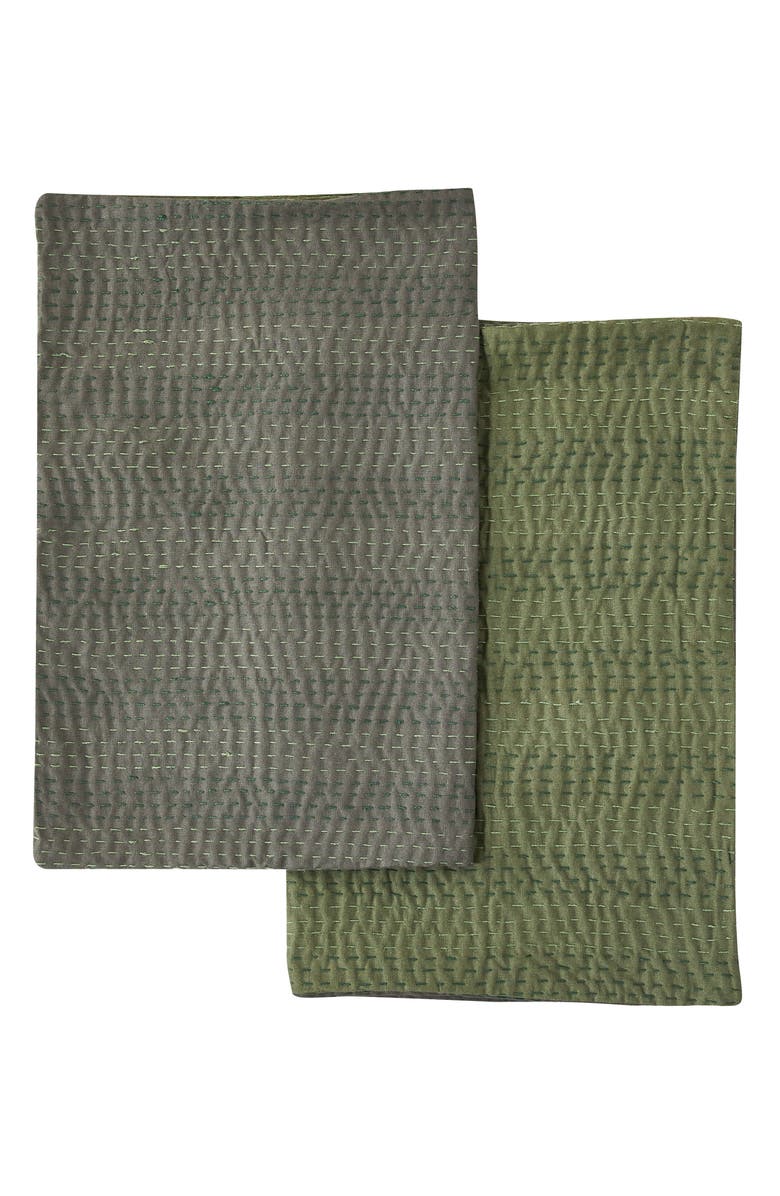 MELANGE HOME Kantha Set of 2 Reversible Cotton Shams, Alternate, color, Forest And Olive