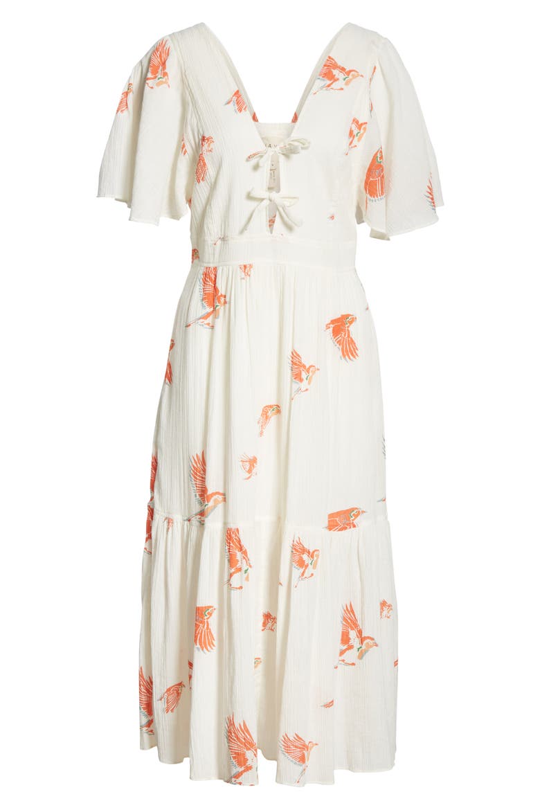 Bird Print Gauze Dress, Alternate, color, SAND COMBO