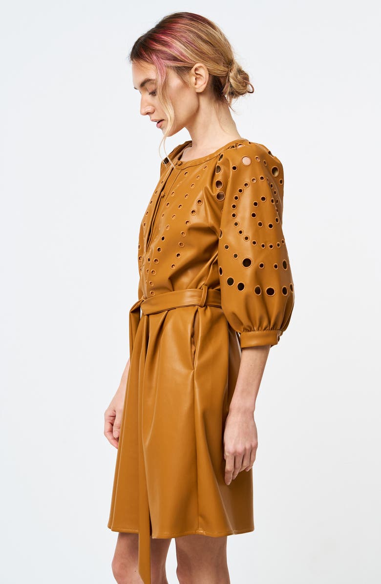 CIEBON Kinna Eyelet Puff Sleeve Tie Belt Faux Leather Shirtdress, Alternate, color, Tan