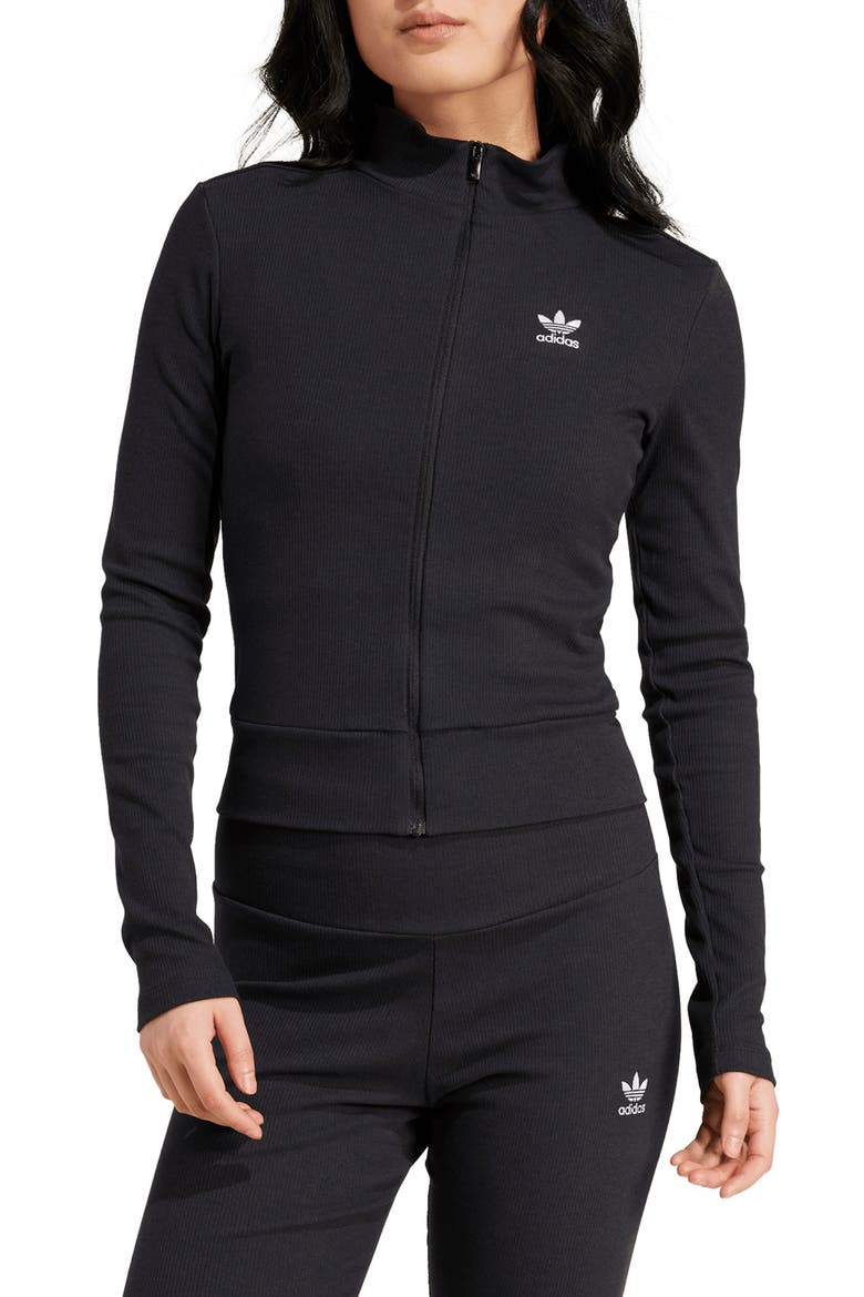 Trefoil Essentials Rib Track Jacket, Main, color, BLACK