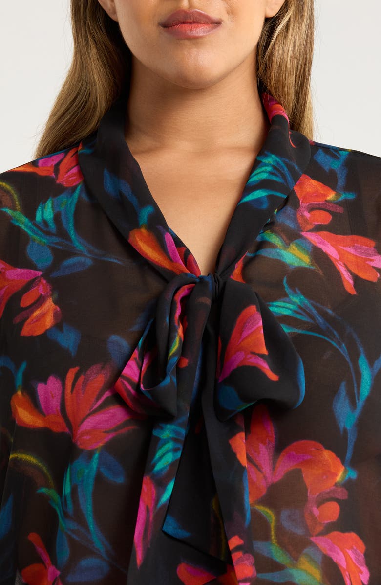 Tahari ASL Floral Bow Neck Chiffon Top, Alternate, color, Black Pink Floral