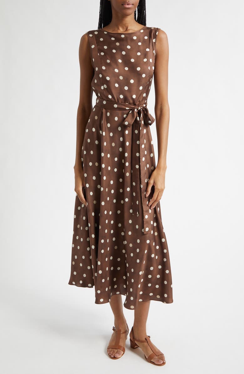 Max Mara Martina Polka Dot Silk Twill Midi Dress, Main, color, Brown
