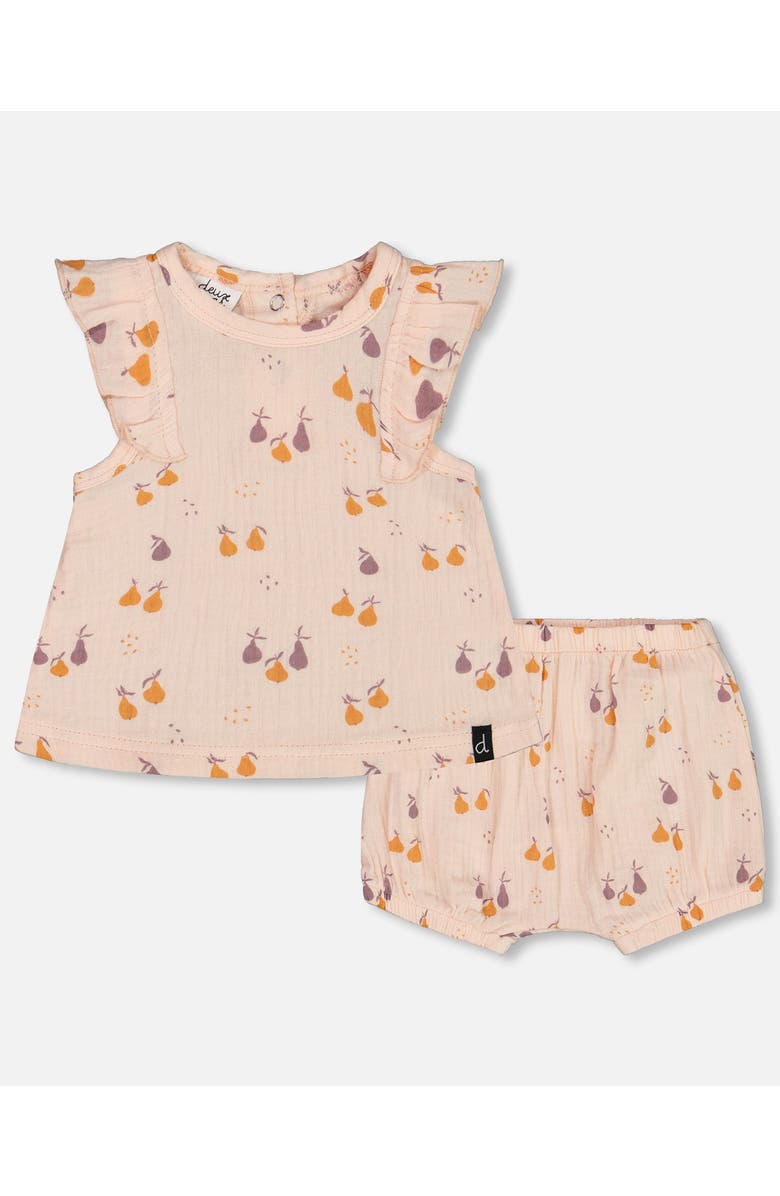 Deux par Deux Baby Girl's Printed Muslin Top And Bloomer Set Peach With Pears, Main, color, Peach With Pears Print