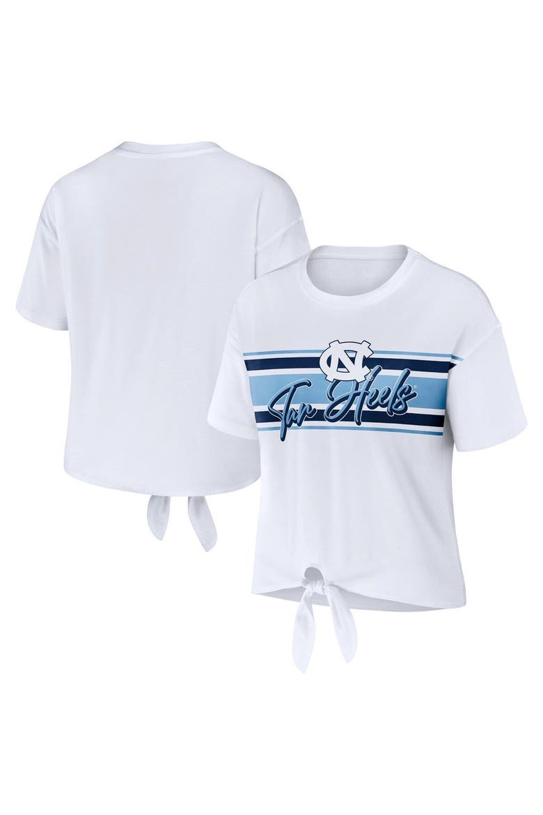 Women's WEAR by Erin Andrews White North Carolina Tar Heels Striped Front Knot Cropped T-Shirt, Main, color, White