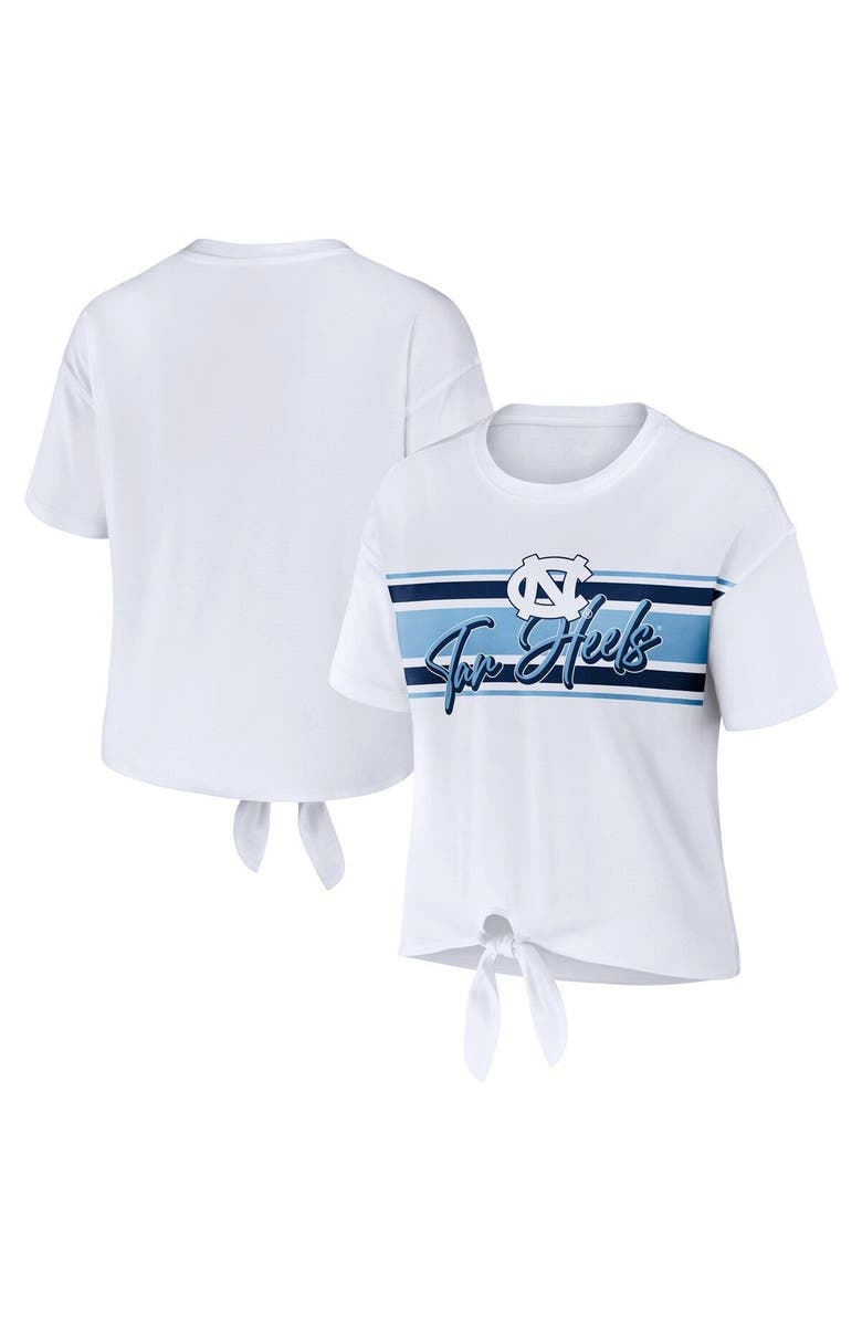 WEAR by Erin Andrews Women's WEAR by Erin Andrews White North Carolina Tar Heels Striped Front Knot Cropped T-Shirt, Main, color, White