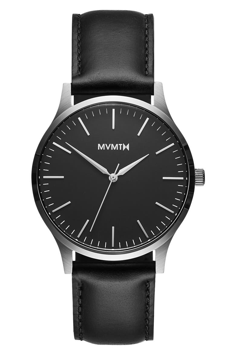 MVMT 40 Series Leather Strap Watch, 40mm, Main, color, BLACK/ SILVER