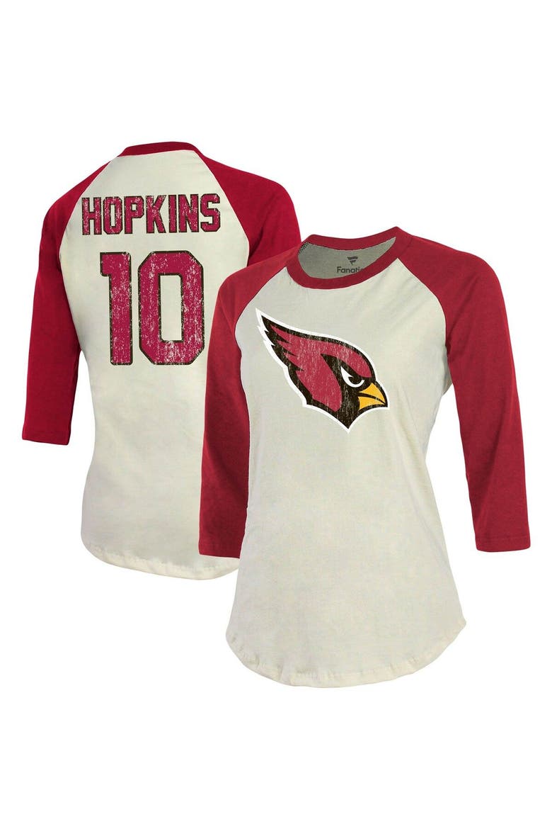 Women's Majestic Threads DeAndre Hopkins Cream/Cardinal Arizona Cardinals Player Raglan Name & Number 3/4-Sleeve T-Shirt, Main, color, Cream