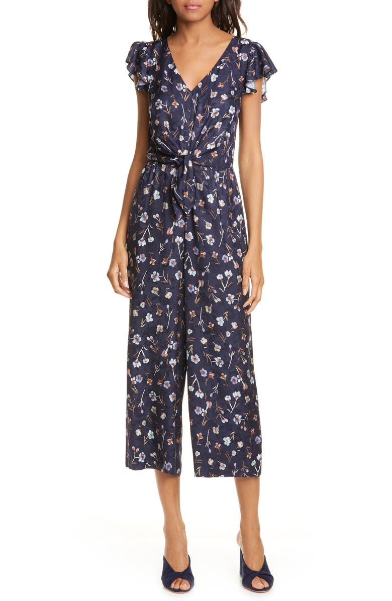 Rebecca Taylor Aurelie Tie Floral Silk Blend Jumpsuit, Main, color, 
