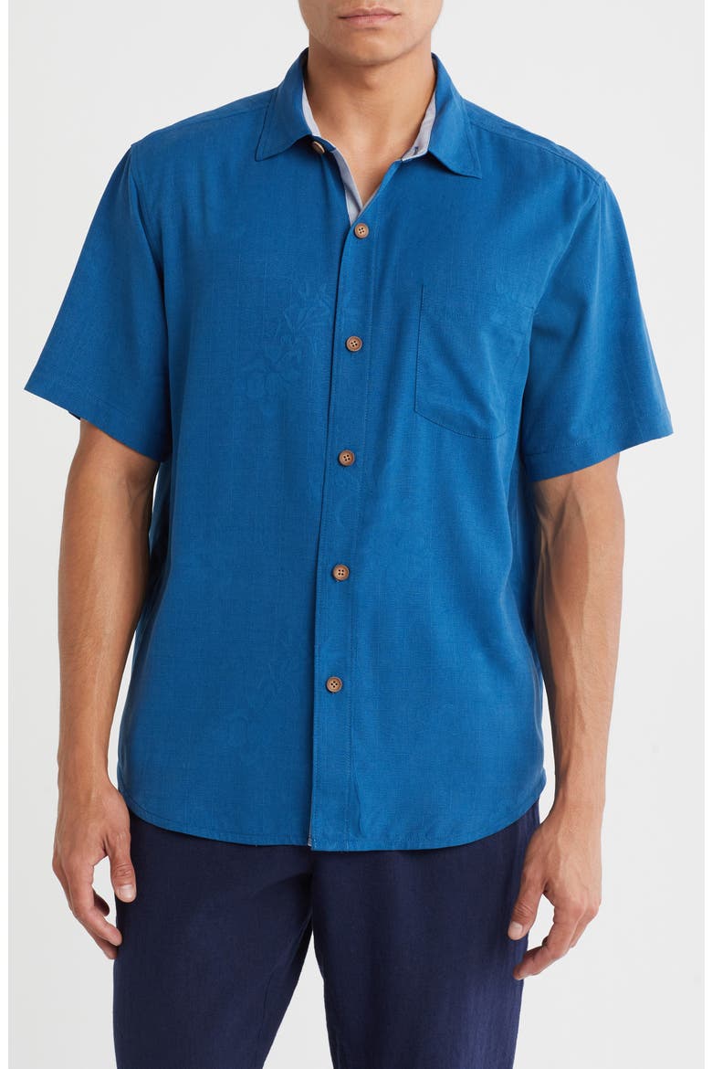 Pick Six Short Sleeve Silk Button-Up Shirt, Main, color, DARK COBALT