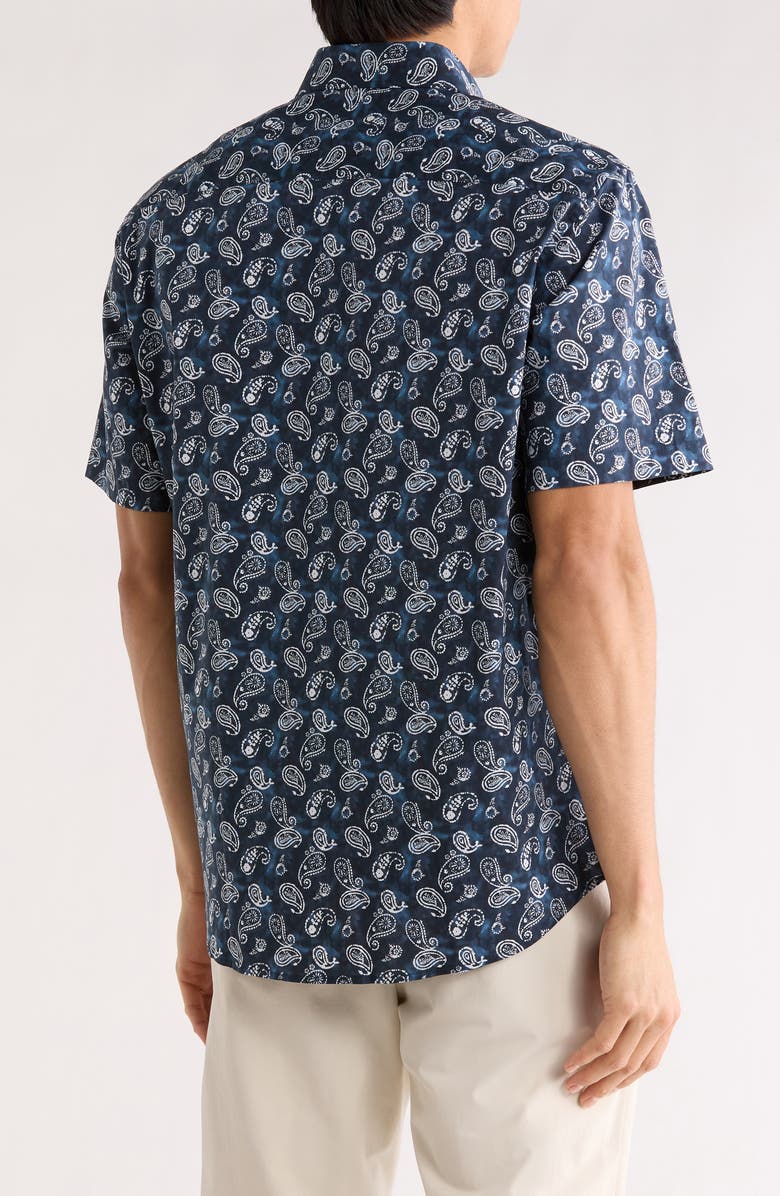 Bugatchi Orson Paisley Pattern Short Sleeve Button-Up Shirt, Alternate, color, Navy