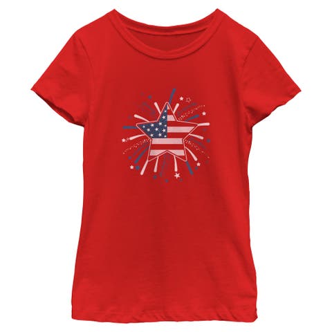 Girl's Lost Gods American Star Flag Fireworks  Graphic T-Shirt