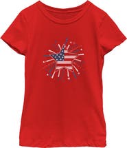 Lost Gods Girls' American Star Flag Fireworks Graphic Short Sleeve T-shirt