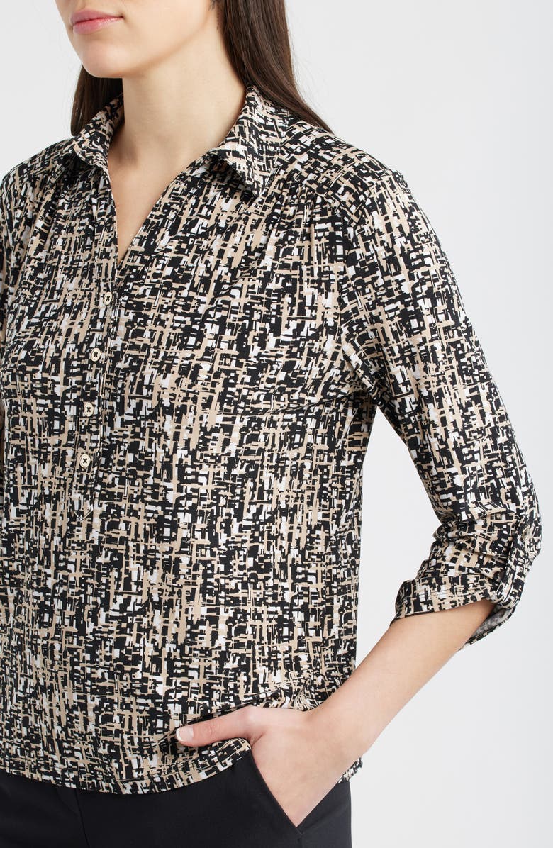 AK ANNE KLEIN Abstract Print Button-Up Shirt, Alternate, color, Anne Black/ Latte Multi