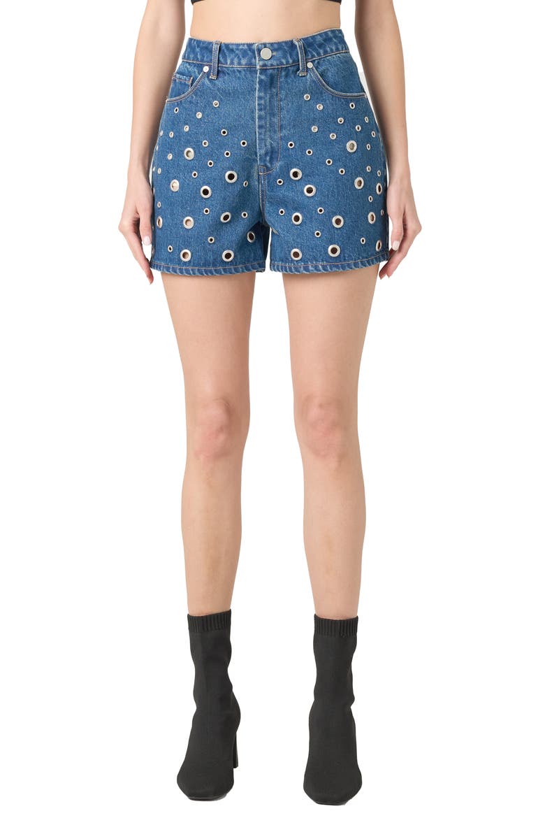 Grommet High Waist Denim Shorts, Main, color, SILVER DREAMS