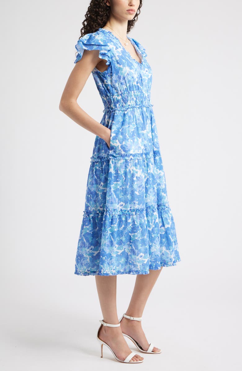 Chelsea28 Flutter Sleeve Tiered Cotton Midi Sundress, Alternate, color, Blue- Tiana Floral