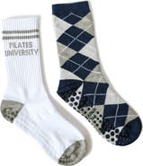 Pilates University 1883 Assorted 2-Pack Ivy League Nonslip Grip Crew Socks