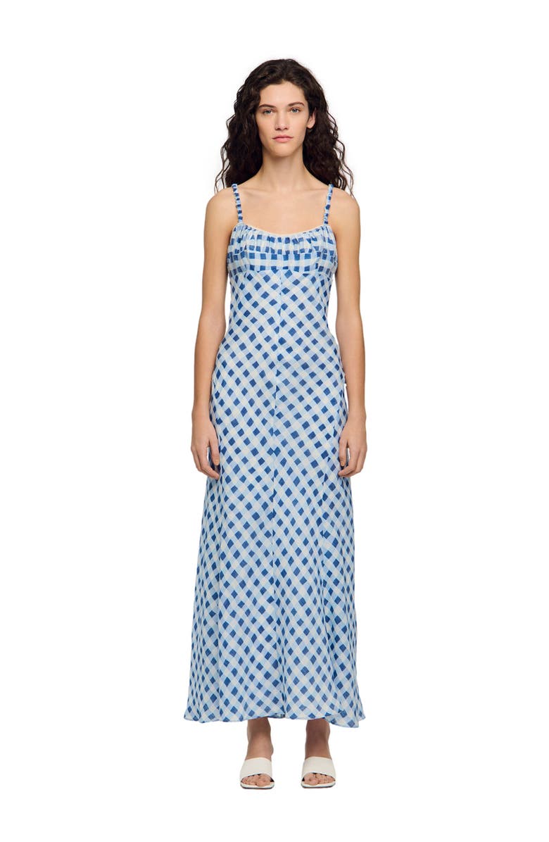 SANDRO Gingham linen maxi dress, Main, color, Blu / White