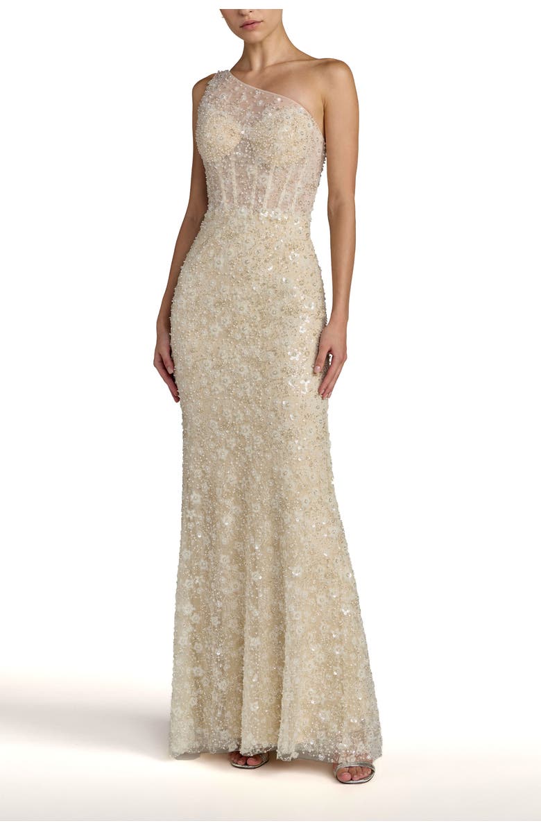 Mac Duggal Sequin Floral Sheer One Shoulder A Line Gown, Main, color, Oyster Nude