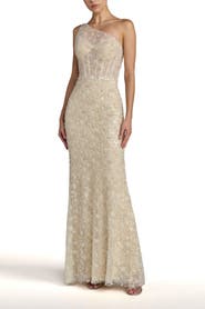 Mac Duggal Sequin Floral Sheer One Shoulder A Line Gown