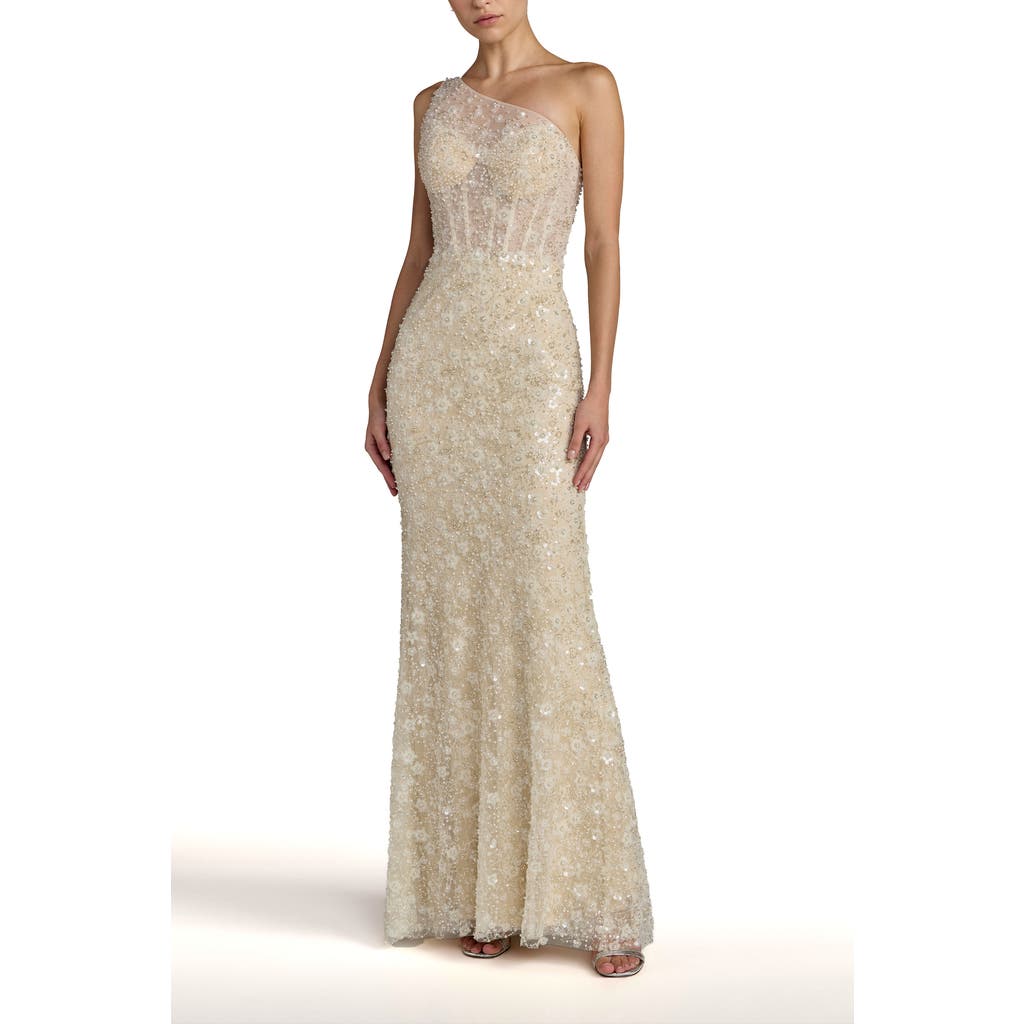 Mac Duggal Sequin Floral Sheer One Shoulder A Line Gown in Oyster Nude at Nordstrom, Size 6