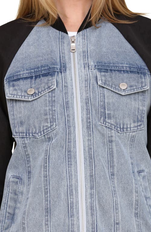 Avec Les Filles Mixed Media Denim Bomber Jacket In Light Blue Wash Navy